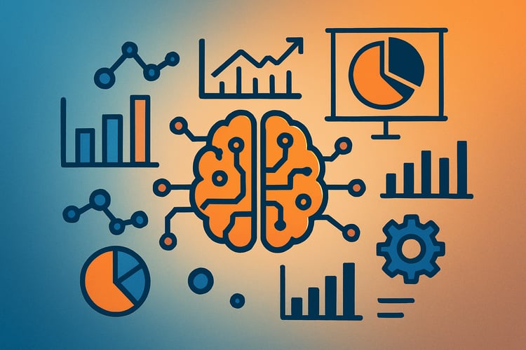 The image features a central brain icon with circuit lines radiating outward symbolizing the integration of human thought and technology Surrounding the brain are various graphical elements including bar charts line graphs and pie charts that represe