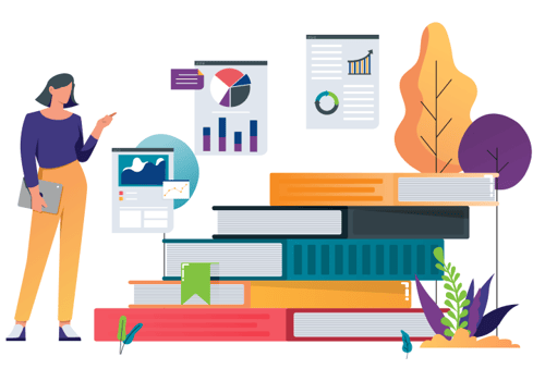 Illustration of a business woman standing next to a stack of books forming a staircase with charts, graphs and marketing materials in background