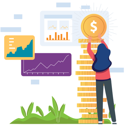 Person reaching to the top of a stack of coins with positive charts and graphs in background