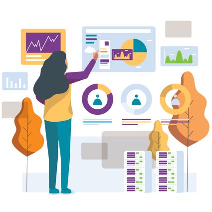 Person assessing many graphs, charts and data elements