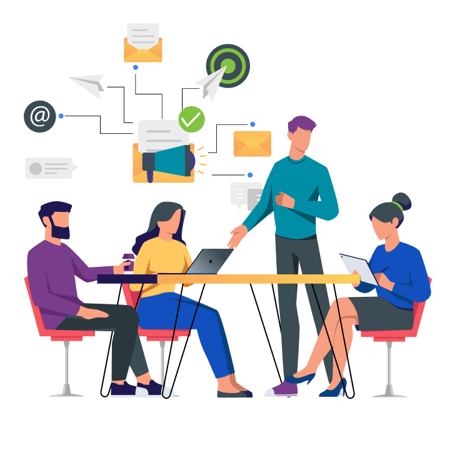 Team working together to create marketing materials, sitting at a table Team working together to create marketing materials, sitting at a table
