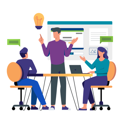 Team of marketing professionals working together at a table to create content Team of marketing professionals working together at a table to create content