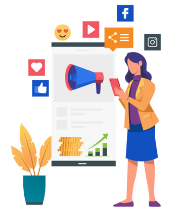 Illustration of a woman exploring digital marketing on her device Illustration of a woman exploring digital marketing on her device