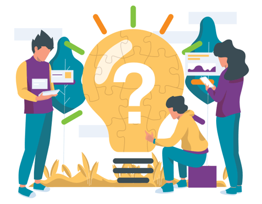 Illustration of team working together to make a plan and solve a lightbulb-shaped puzzle