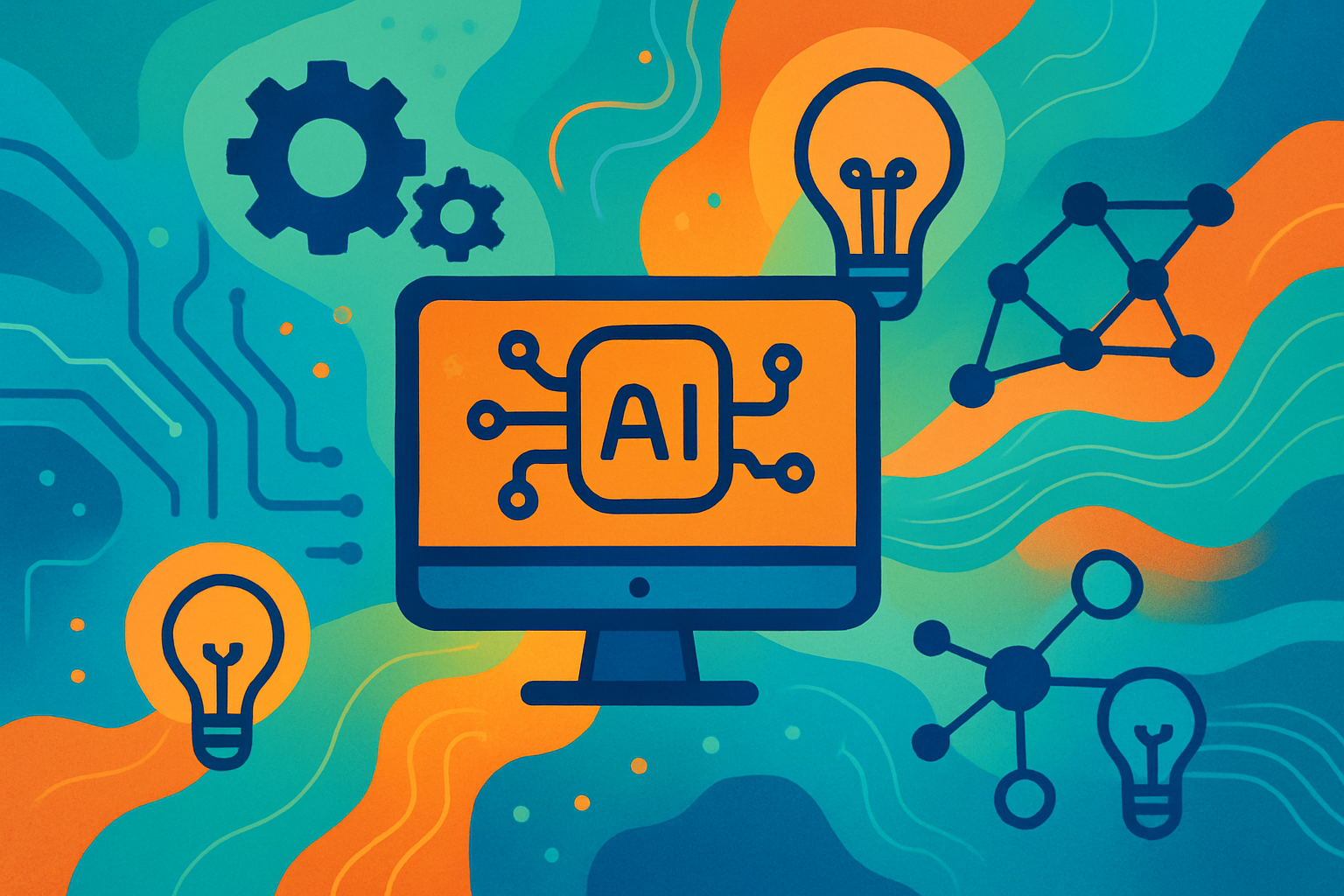 An illustration featuring a central computer icon symbolizing technology and AIs role in enhancing business effectiveness Surrounding the computer are various visual elements such as gears lightbulbs and interconnected nodes representing innovation i