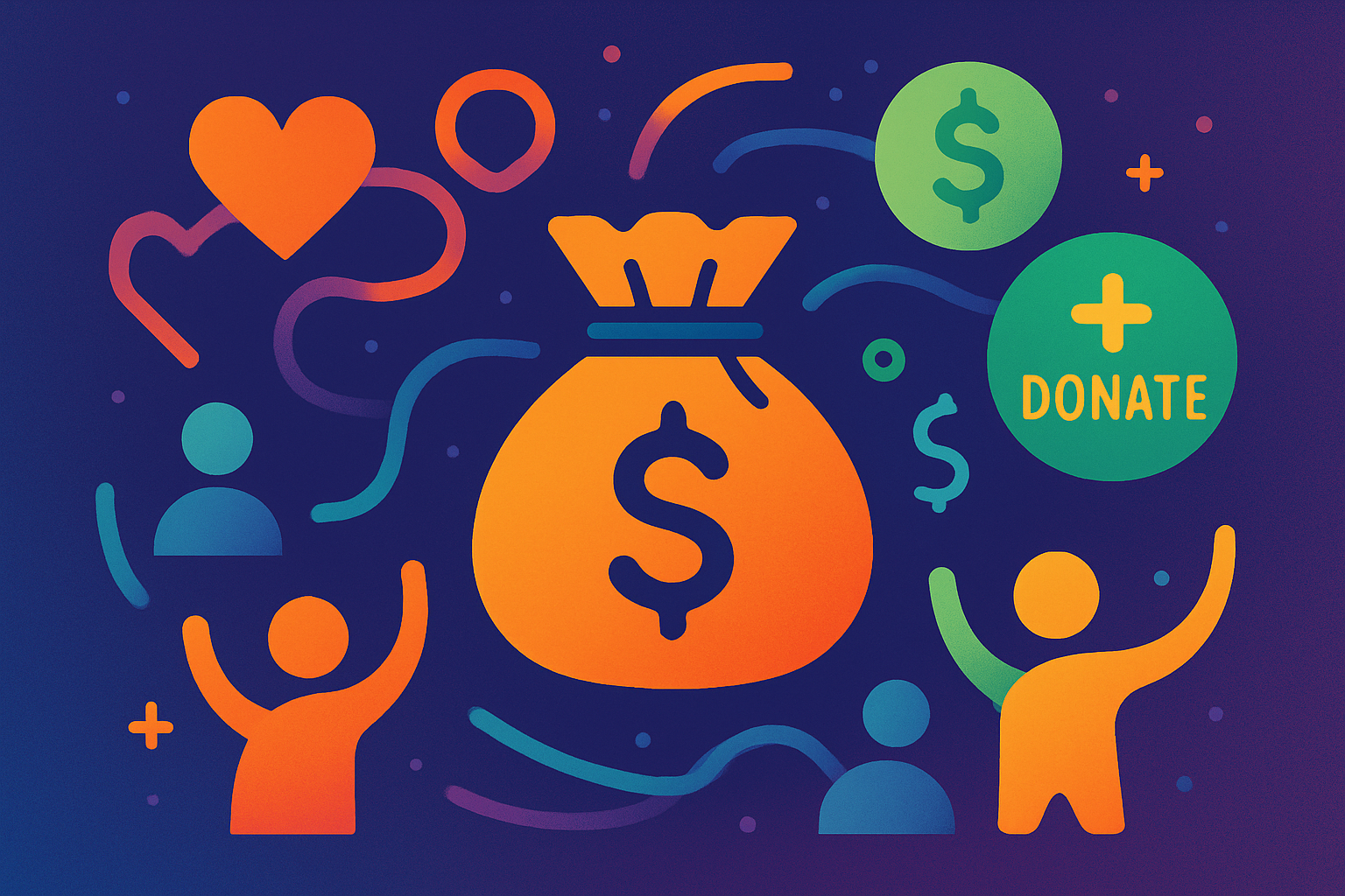 An illustration featuring a central icon of a stylized money bag symbolizing fundraising and financial support Surrounding the money bag are various vibrant visual elements including interconnected hearts representing relationships and community supp